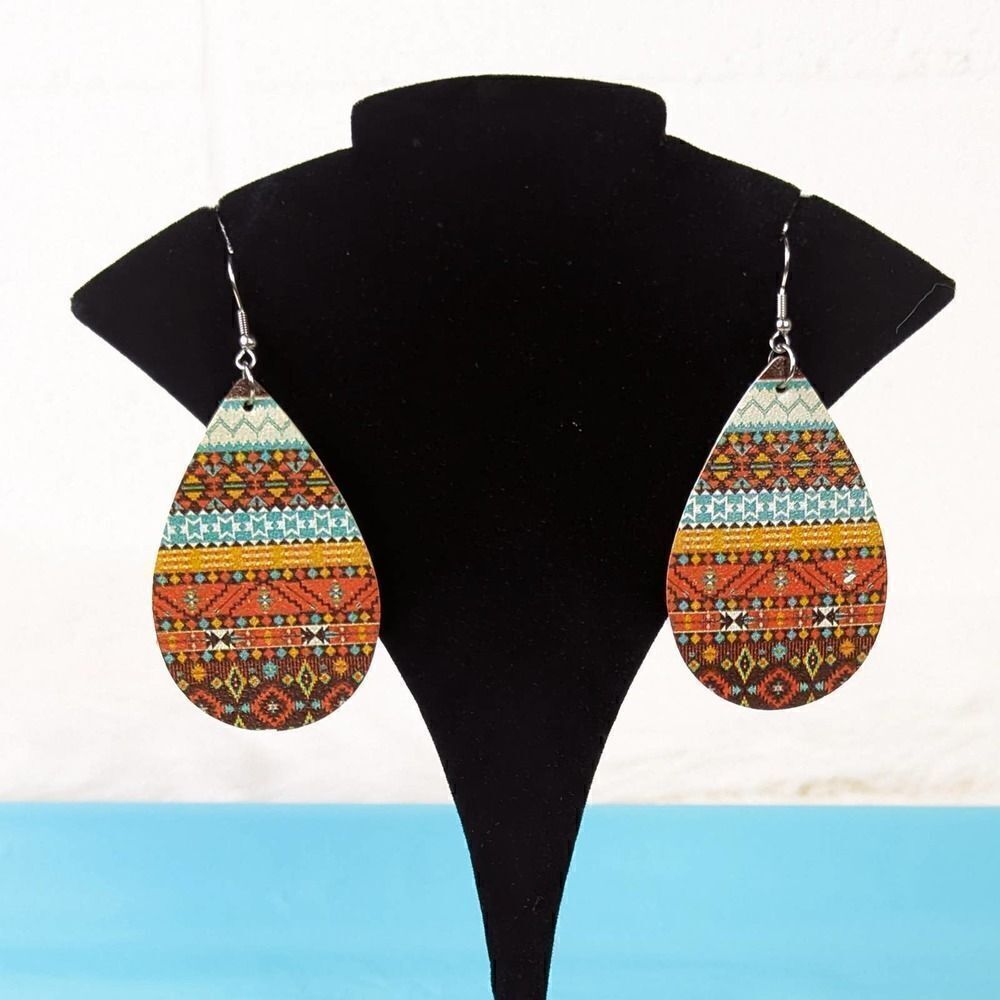Aztec Design Teardrop Dangle Earrings